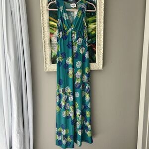 Leota Maxi Dress Sz Small Liquid Knit Bright Abstract Print Sleeveless Polka Dot